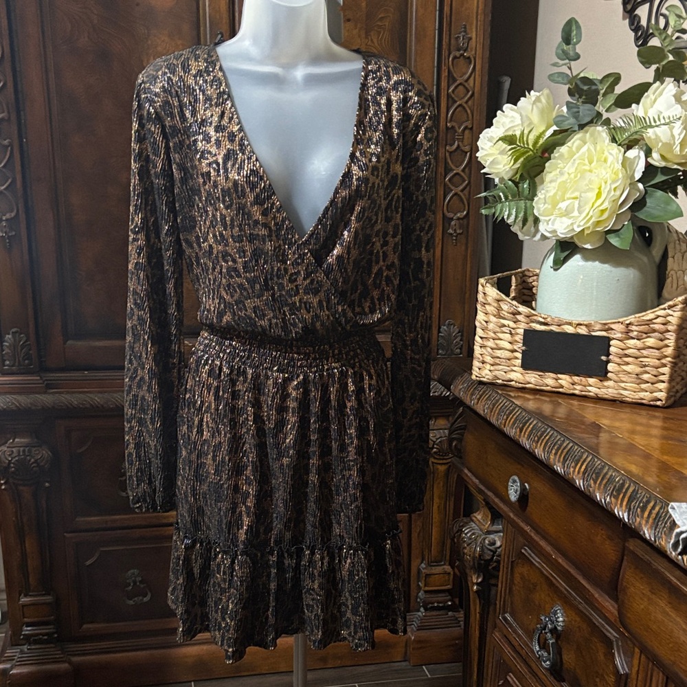 Michael Kors Leopard Print (metallic stretch)Midi Dress